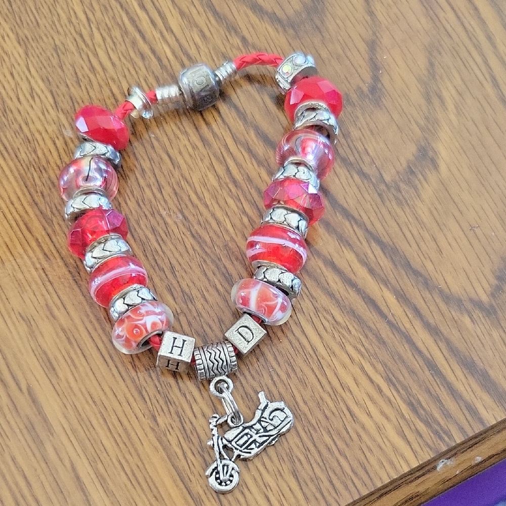 #D Red Beaded Charm Bracelet Motorcycle Charm
